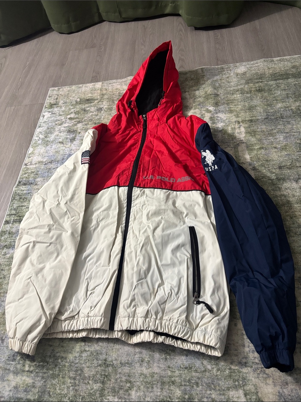 U.S. Polo Assn. Red White Navy Colorblock Hooded Windbreaker
